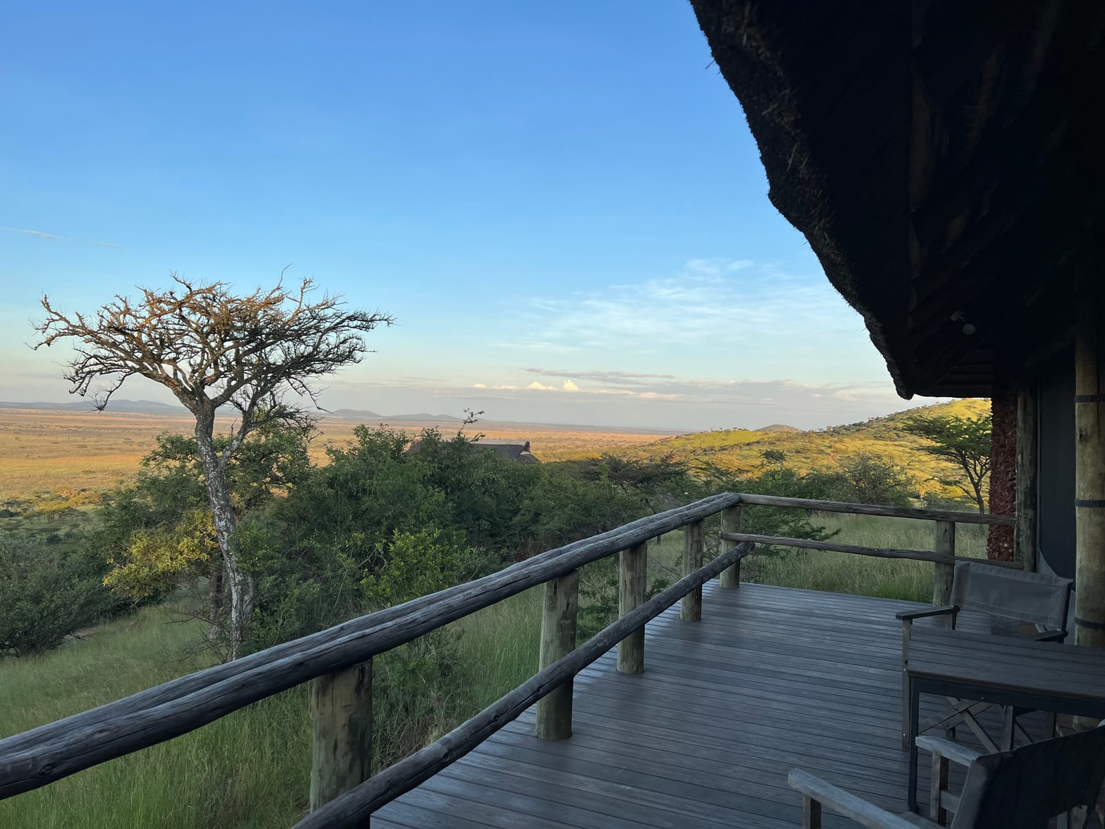 A lodge deck looking out over the savanna