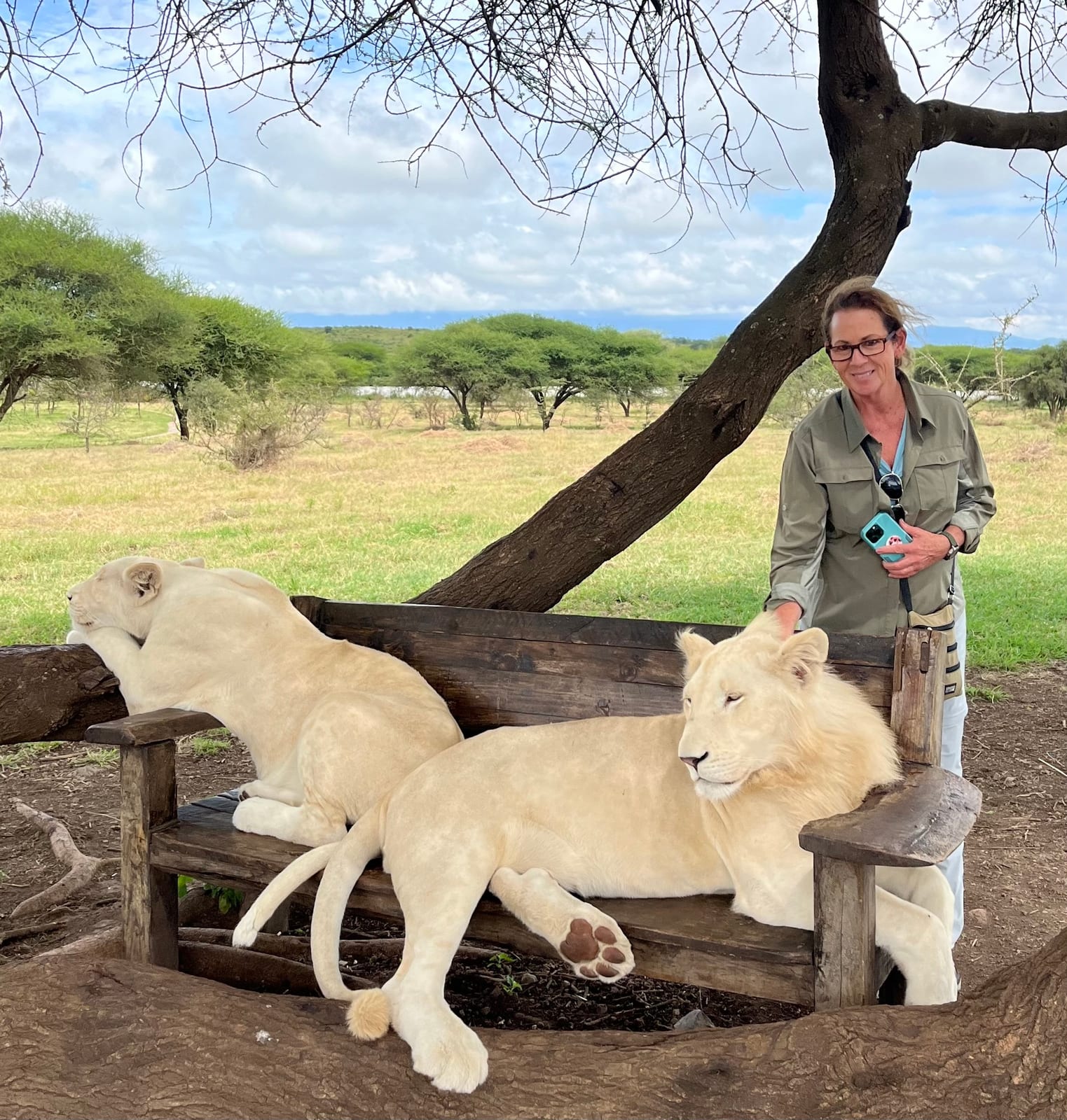Nancy with white lions at sanctuary