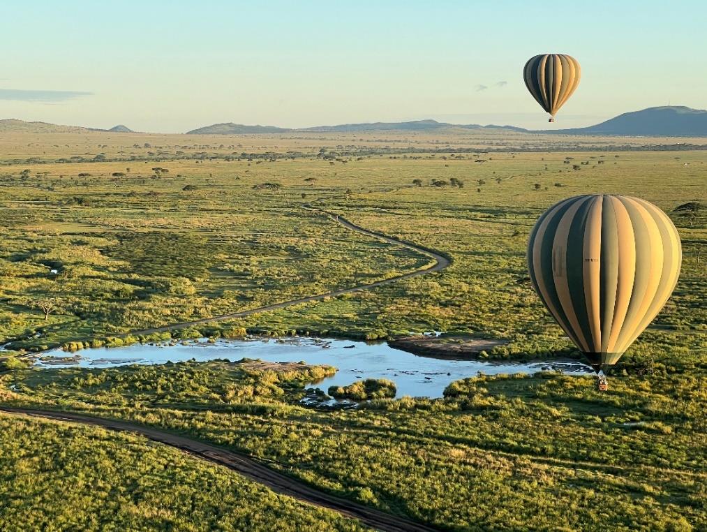 Hot air balloons drifting over the green Serengeti plains at sunrise